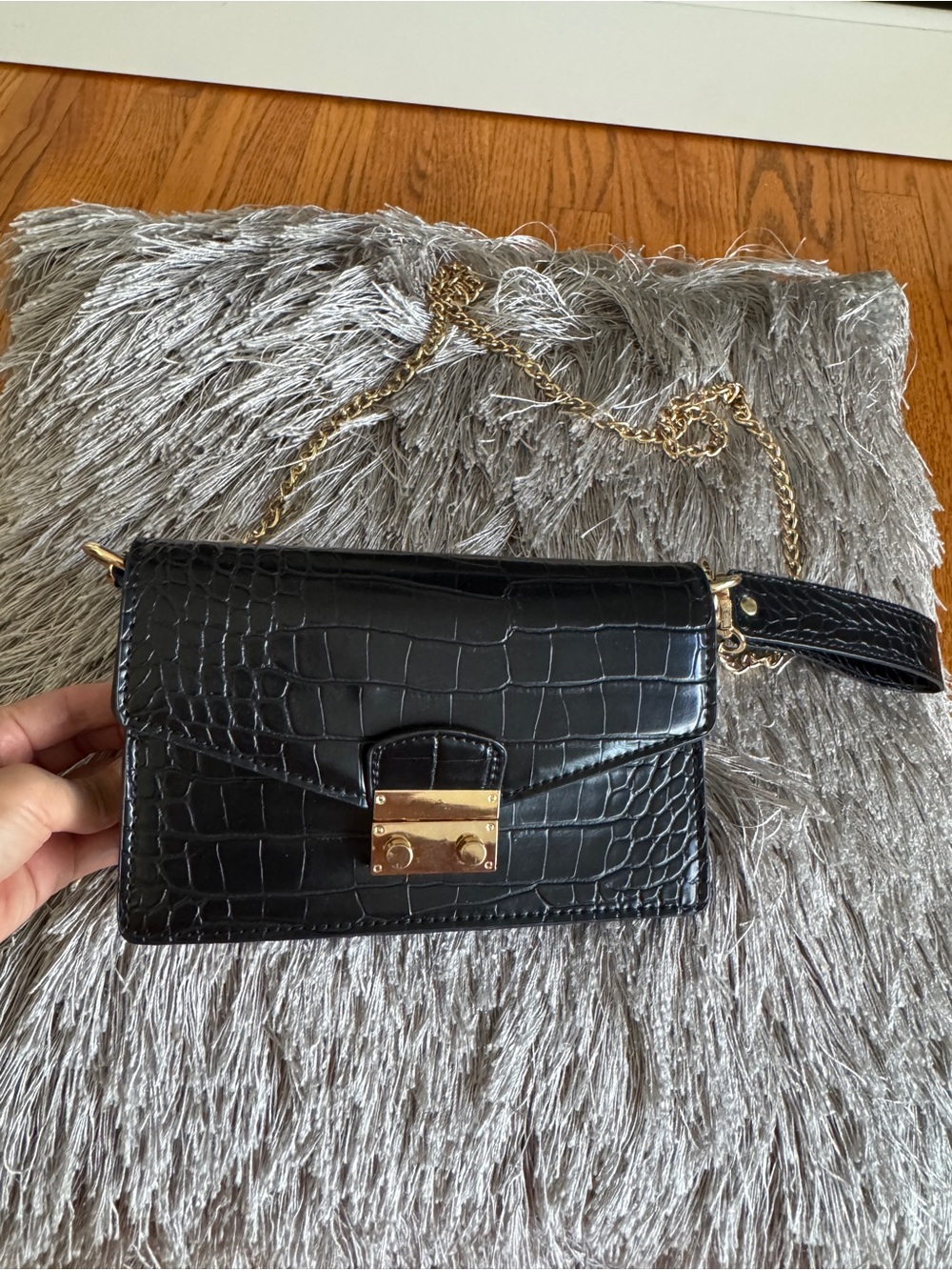Black Croc-Embossed Crossbody Bag with Gold Chain and Lock